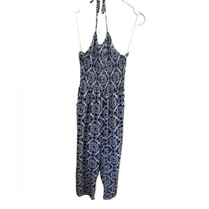 Patrons of Peace Boho Print‎ Halter Jumpsuit – Blue & White, Size S